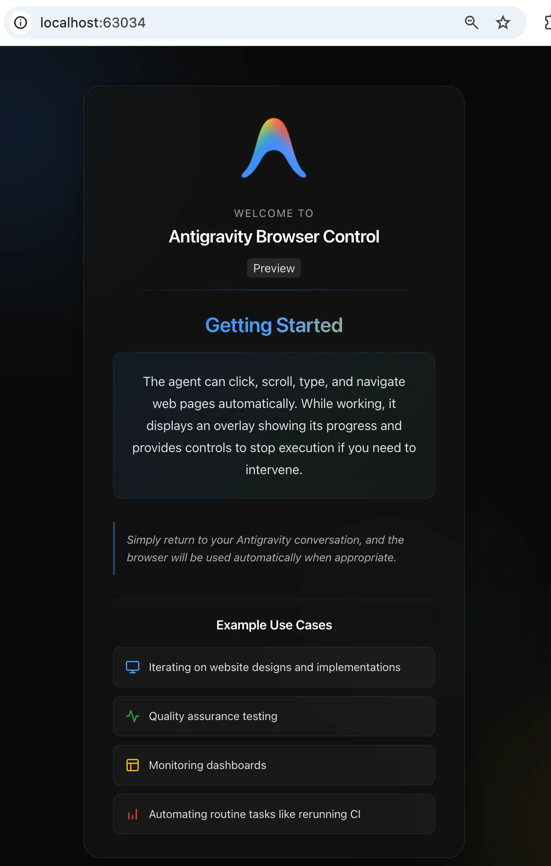 Interface de contrôle du navigateur Antigravity, affichant des instructions sur les fonctionnalités d'automatisation, des exemples de cas d'utilisation tels que la conception de sites Web et les tests d'assurance qualité, ainsi qu'un message d'accueil en couleur. Interface de contrôle du navigateur Antigravity, affichant des instructions sur les fonctionnalités d'automatisation, des exemples de cas d'utilisation tels que la conception de sites Web et les tests d'assurance qualité, ainsi qu'un message d'accueil en couleur.
