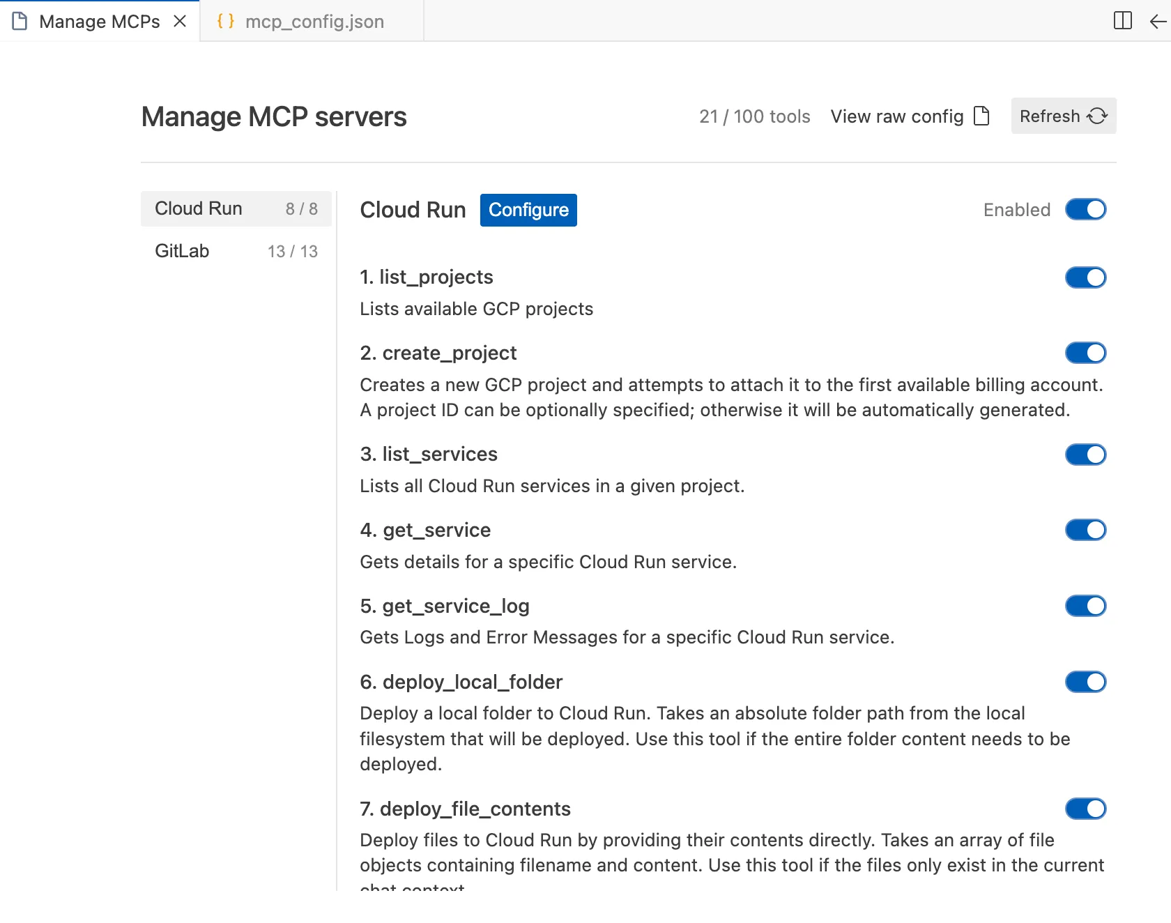 Capture d'écran de la configuration des serveurs MCP dans un outil de gestion, montrant une liste de fonctionnalités disponibles et des options d'activation. Capture d'écran de la configuration des serveurs MCP dans un outil de gestion, montrant une liste de fonctionnalités disponibles et des options d'activation.
