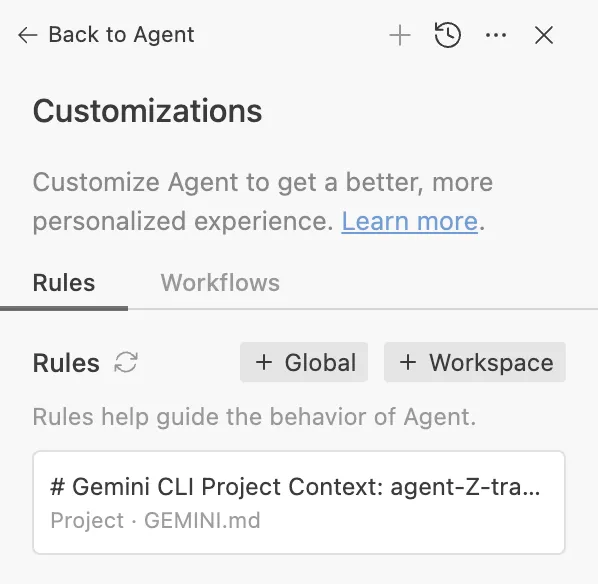 Capture d'écran de l'interface de personnalisation du système Antigravity, montrant les onglets 'Rules' et 'Workflows', et un aperçu des options de personnalisation pour guider le comportement de l'agent. Capture d'écran de l'interface de personnalisation du système Antigravity, montrant les onglets 'Rules' et 'Workflows', et un aperçu des options de personnalisation pour guider le comportement de l'agent.