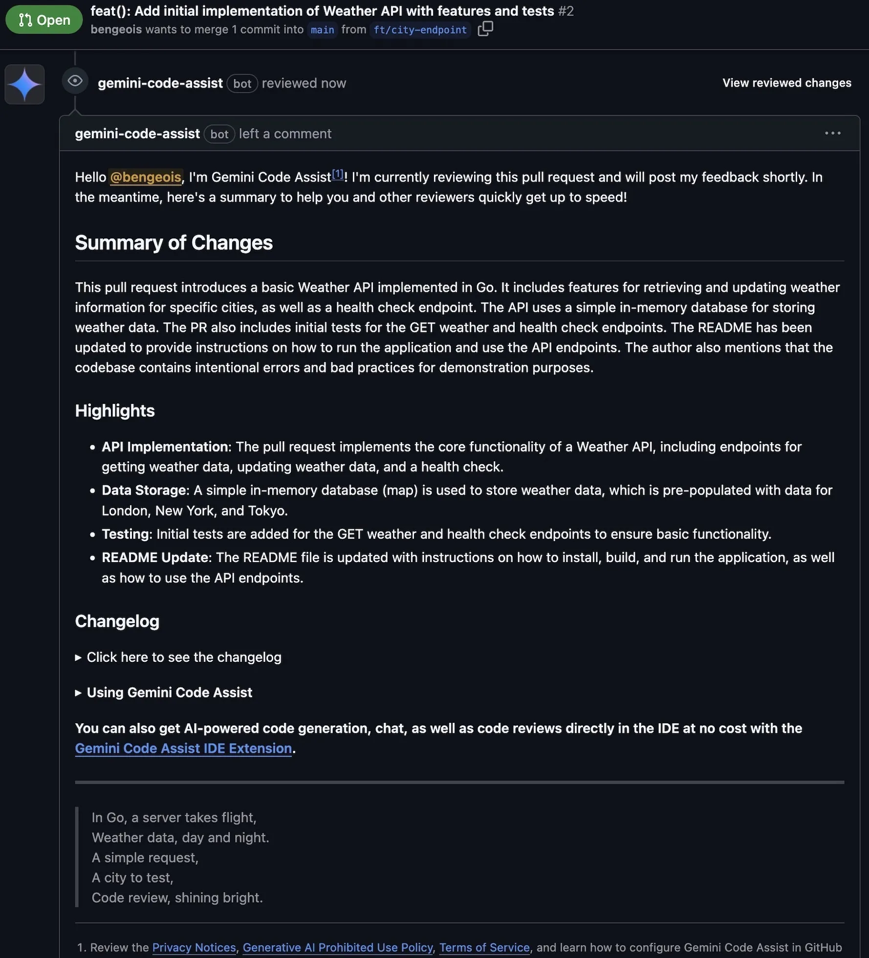 A screenshot of Pull Request Summary from Gemini Code Assist